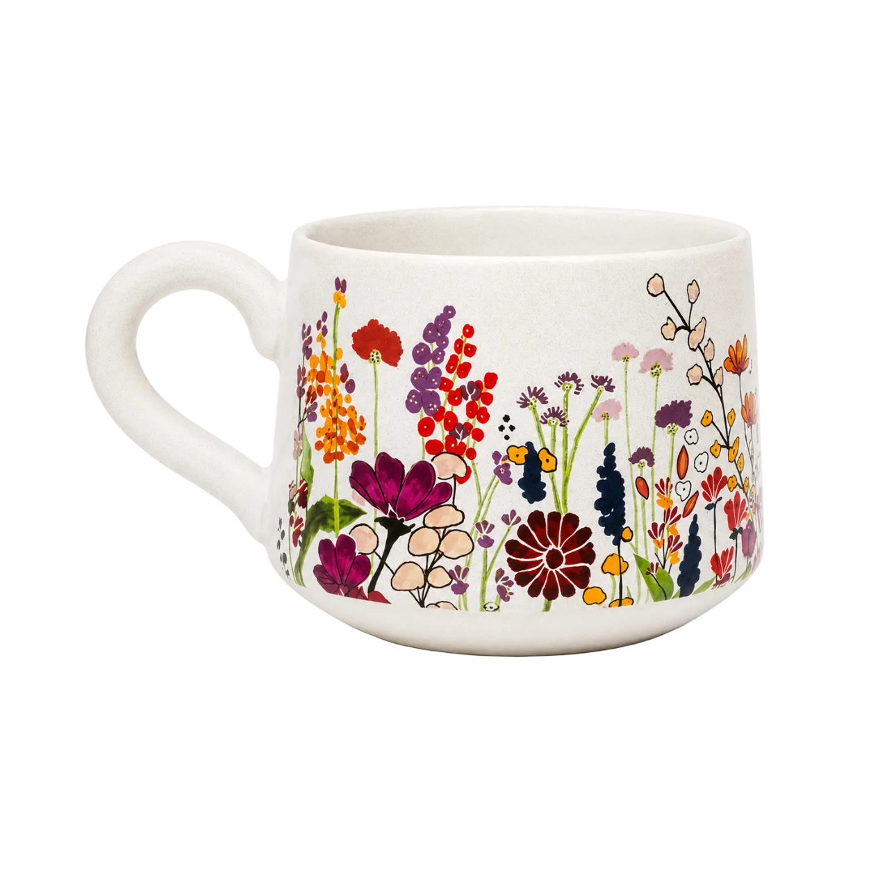 White mug with colorful floral design on a white background