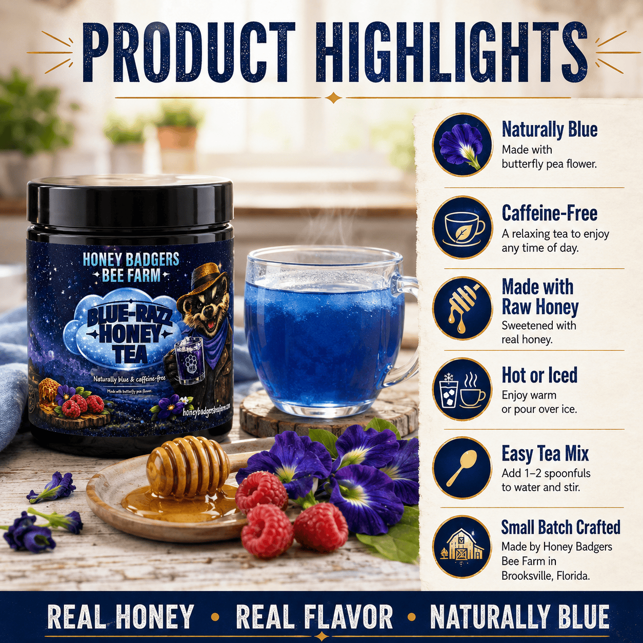 Honey Badgers Bee Farm All natural Tea Blue Razz Honey Tea