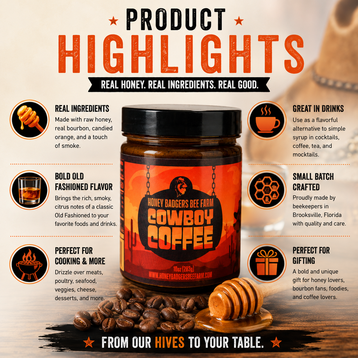 Honey Badgers Bee Farm All Natural Coffee Cowboy Coffee - Instant Honey Coffee - All-in-one - Just add to hot water