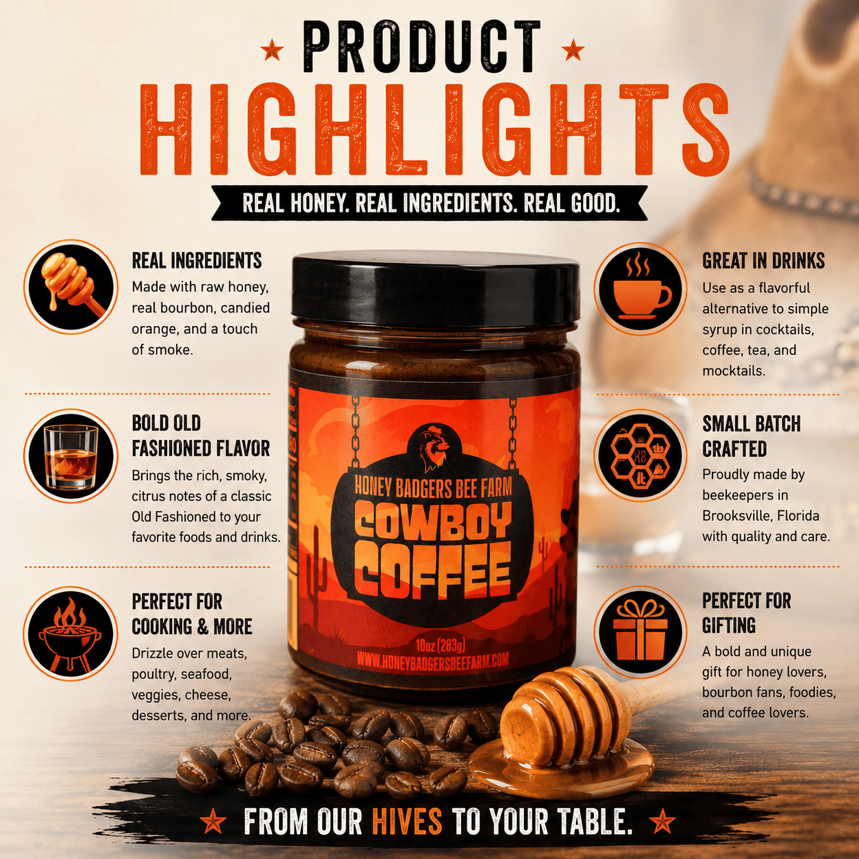 Honey Badgers Bee Farm All Natural Coffee Cowboy Coffee - Instant Honey Coffee - All-in-one - Just add to hot water
