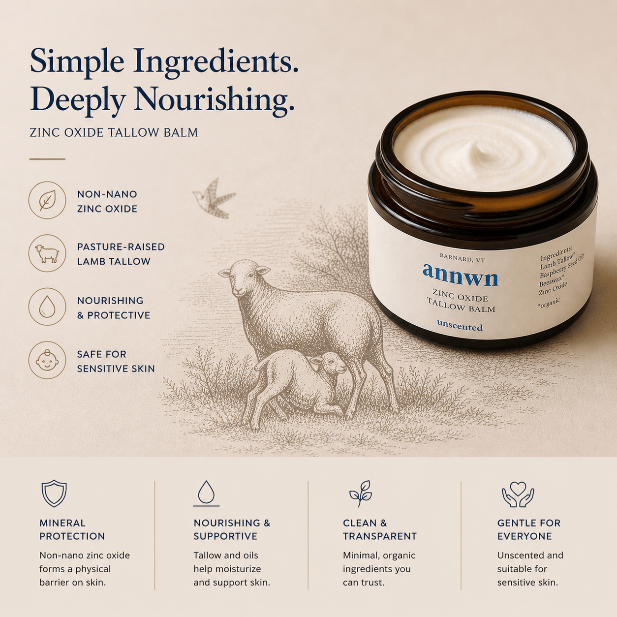 Annwn Sunscreen Zinc Oxide Lamb Tallow Balm – Mineral Barrier Balm – Unscented