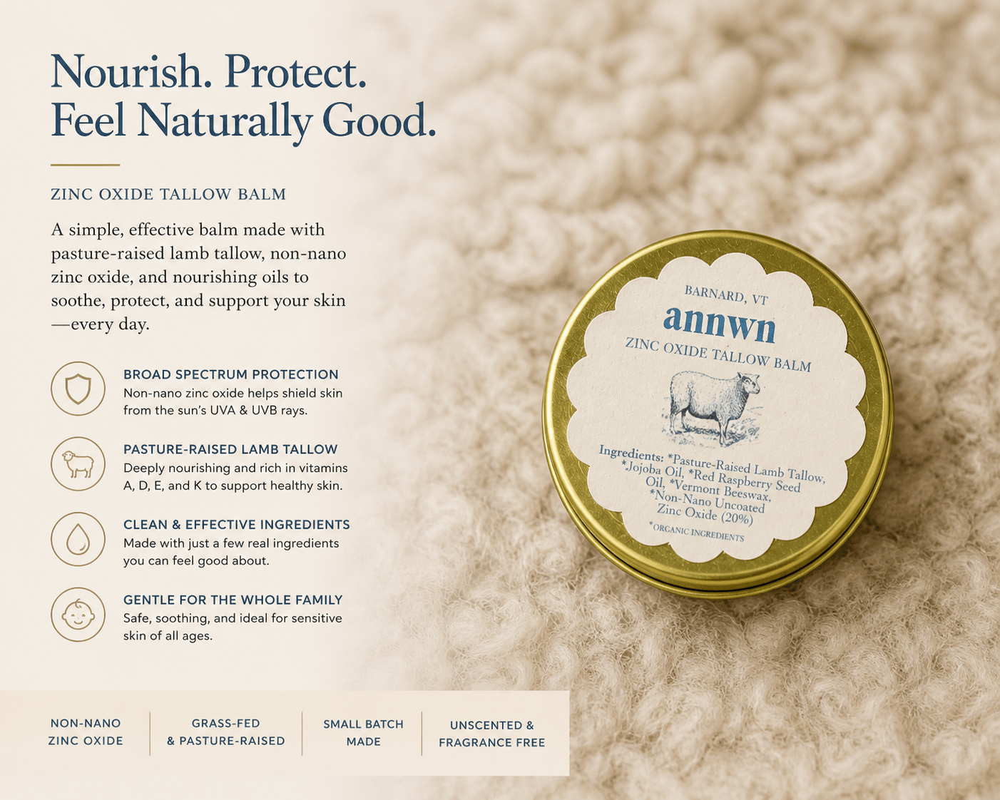 Annwn Sunscreen Zinc Oxide Lamb Tallow Balm – Mineral Barrier Balm – Unscented