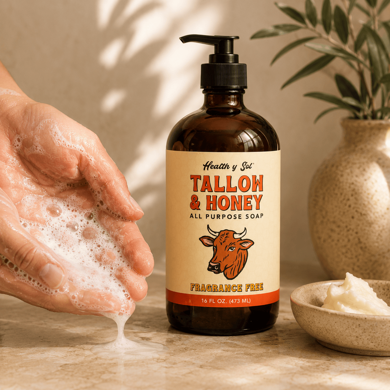 Health y Sol Body Wash Bottle + Reusable Pump Fragrance Free Tallow & Honey Liquid Soap – 16 oz