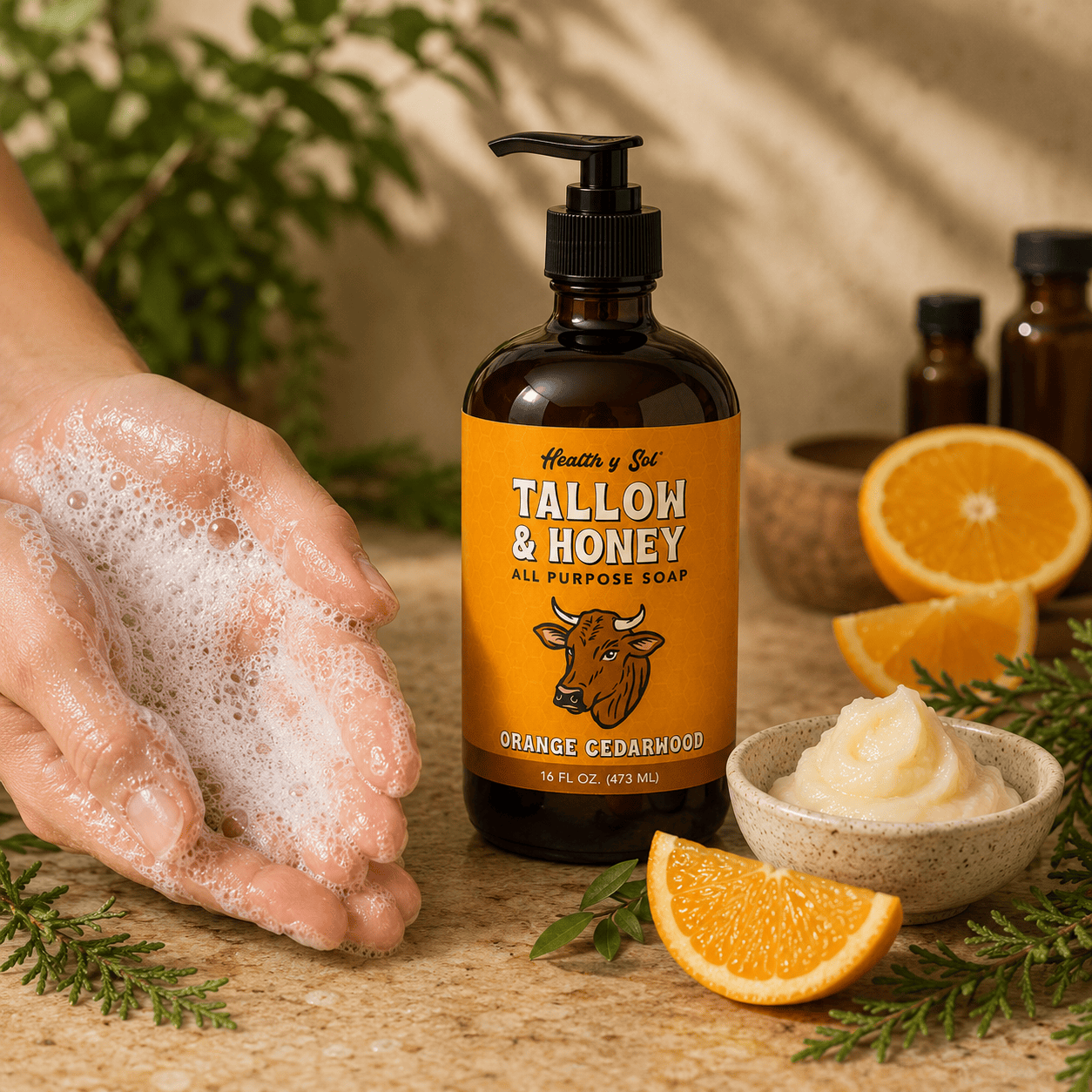 Health y Sol Body Wash Bottle + Reusable Pump Orange Cedarwood Tallow & Honey Liquid Soap – 16 oz