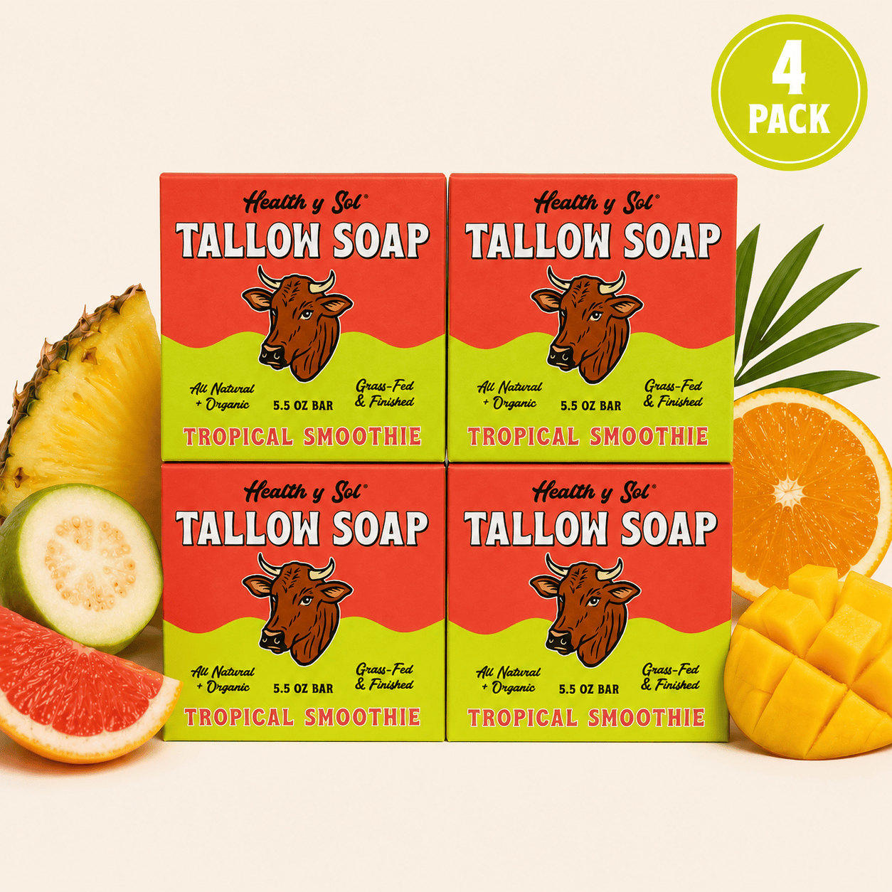 Health y Sol Bar Soap Four Pack Tropical Smoothie Grass-Fed Tallow Bar Soap 5.5 oz