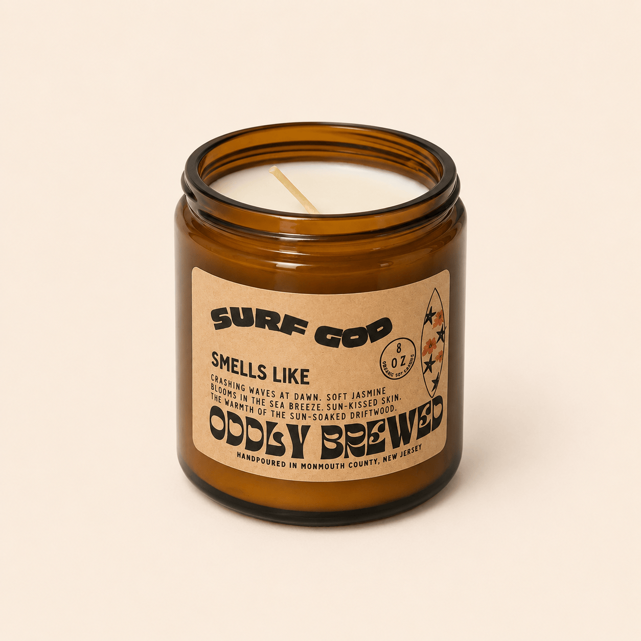 Oddly Brewed Candles Amber 8oz Surf God Soy Candle