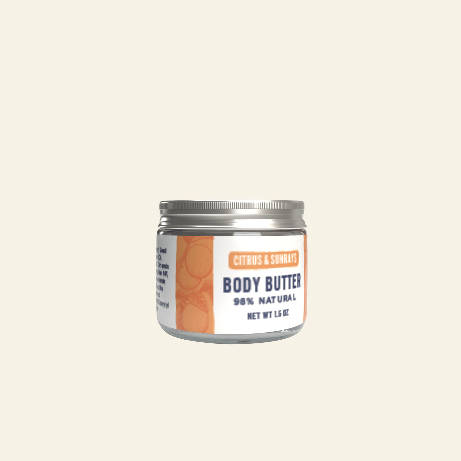 Jar of body butter with a label on a white background