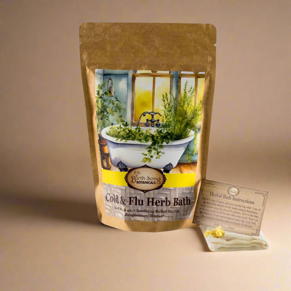 Herb bath packaging with herbs and instructions on a brown background