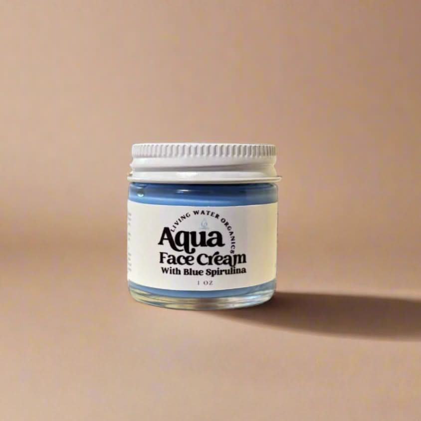Jar of Aqua Face Cream with Blue Spirulina on a rock by a river