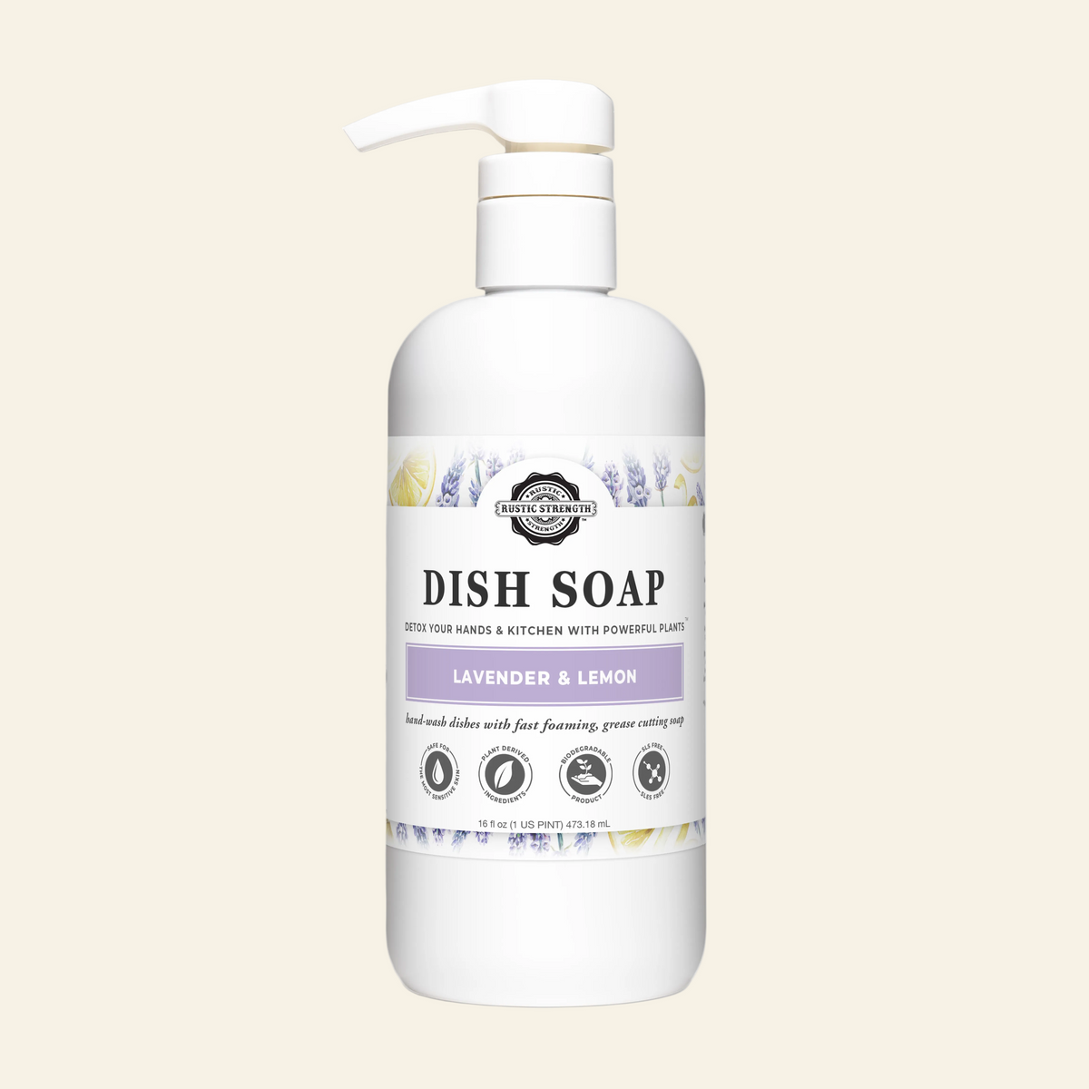 Dish soap bottle with pump dispenser on a gray background