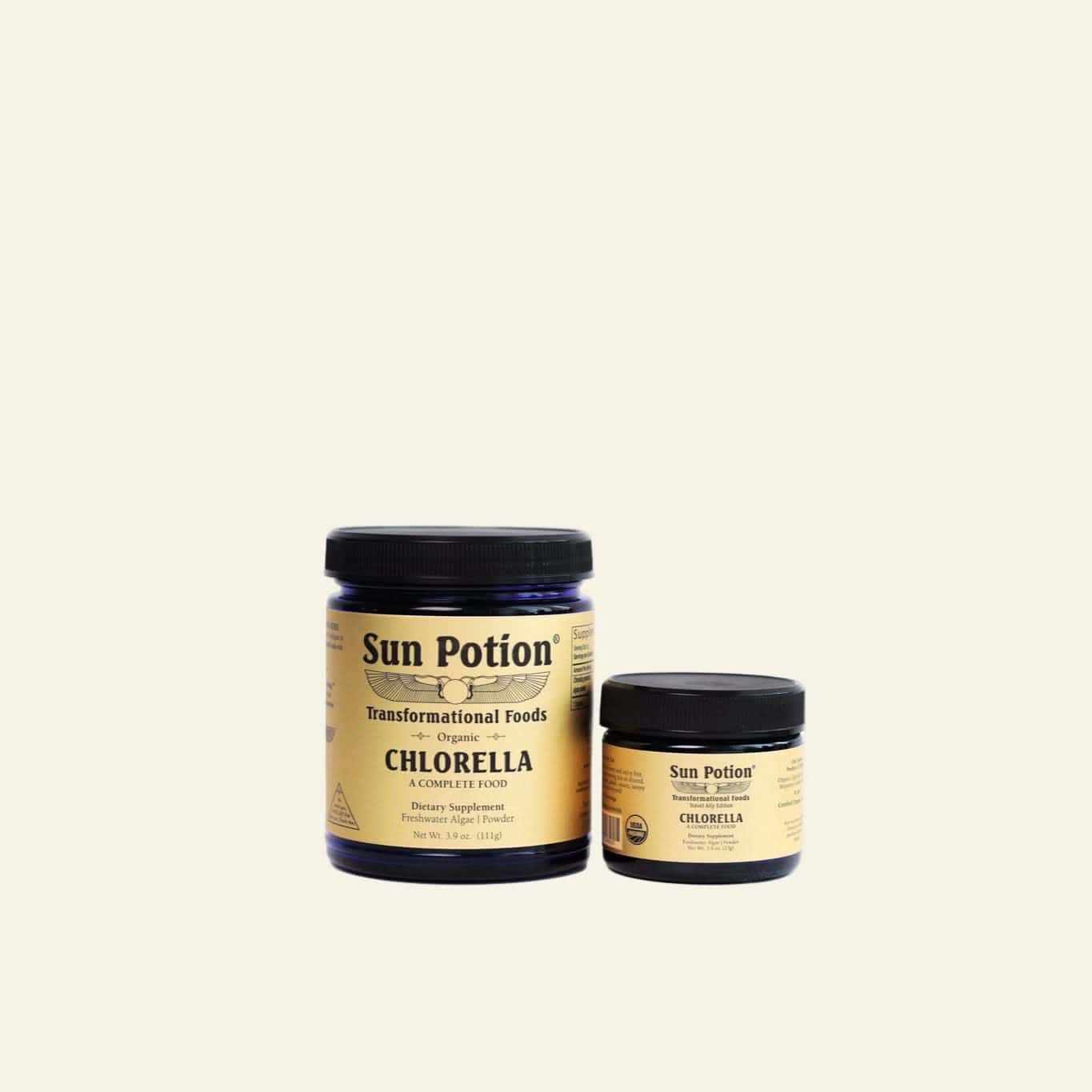 Two jars of Sun Potion Chlorella on a white background