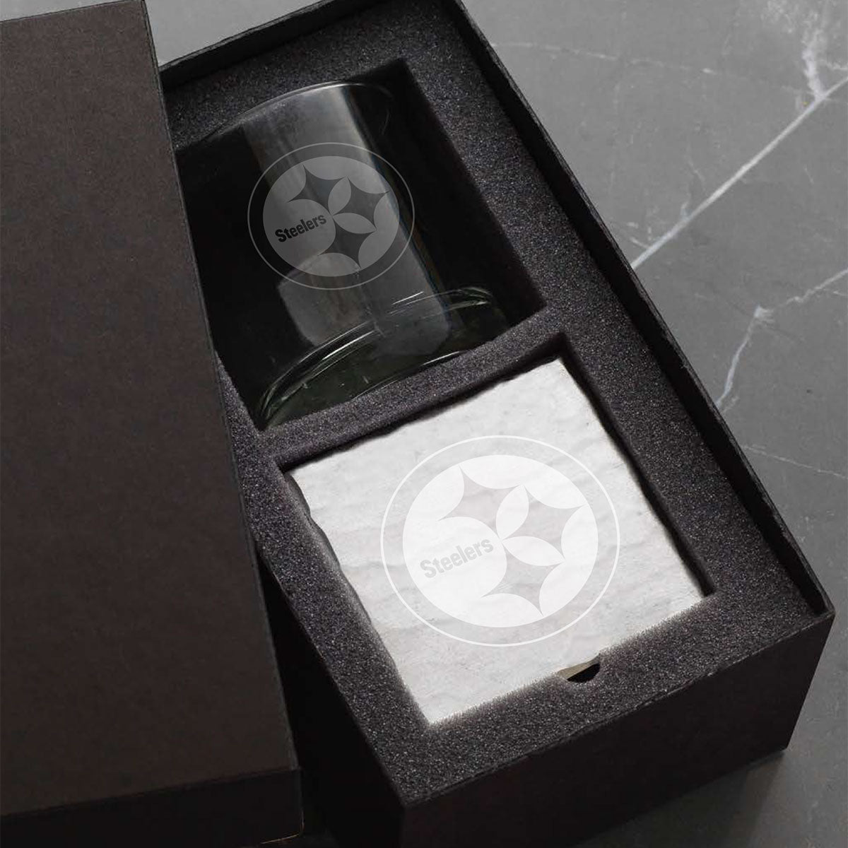 Pittsburgh Steelers Etched Rocks Glass and Square Coaster Set