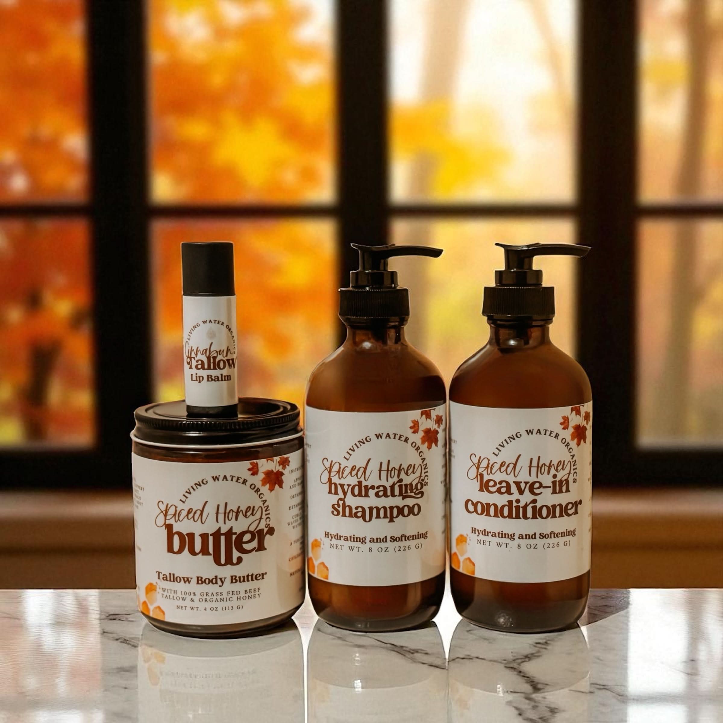 Spiced Honey Shampoo, Conditioner, Body Butter, Cinnabun Lip Balm Bundle - My American Goods