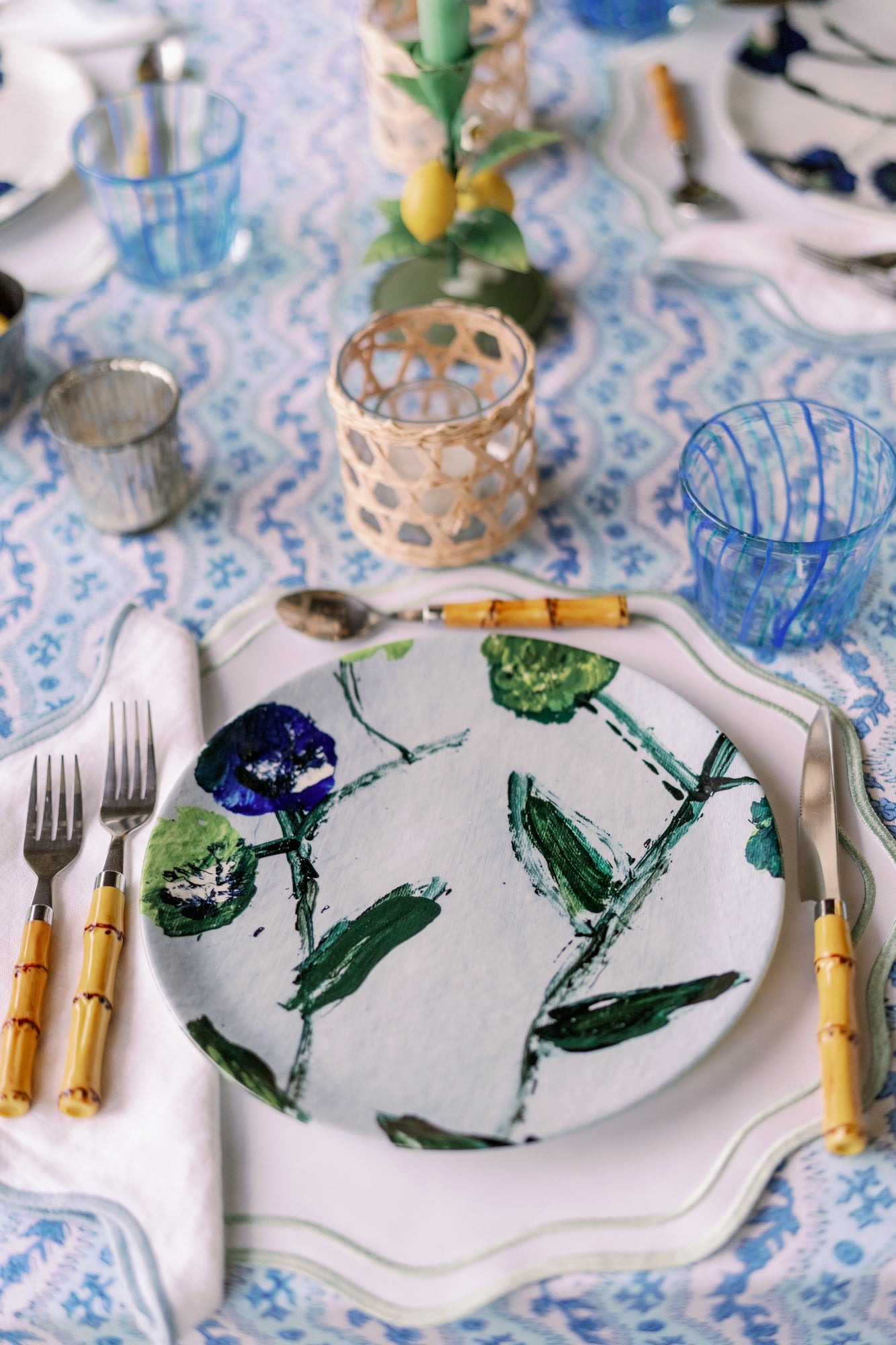 Set of Blue and Teal Posey China Plates (Set of 4 or 8)