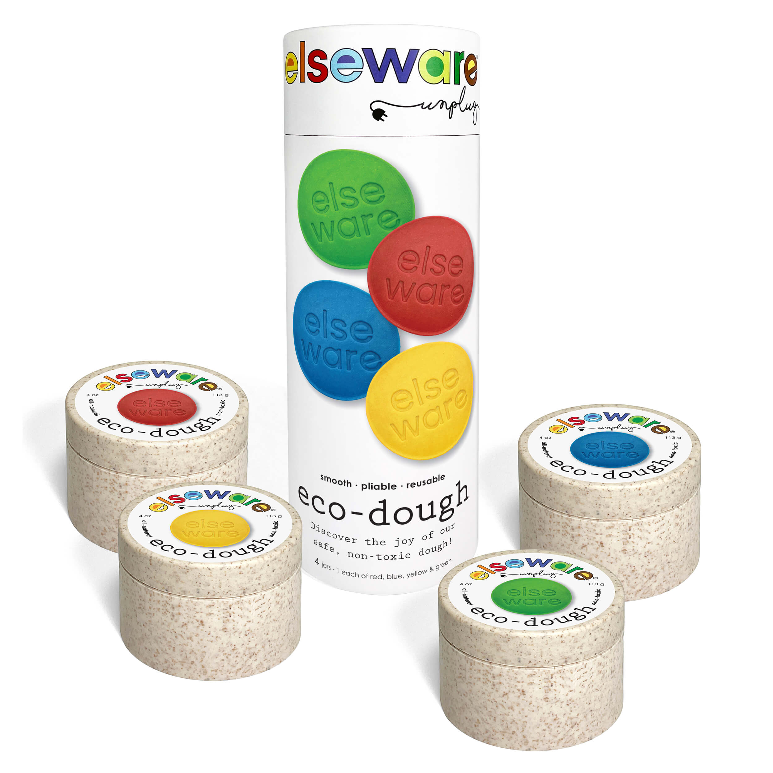 Set of eco-dough containers with colorful labels and a tube labeled &