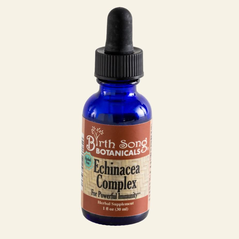 Blue bottle of Echinacea Complex supplement with a dropper labeled &