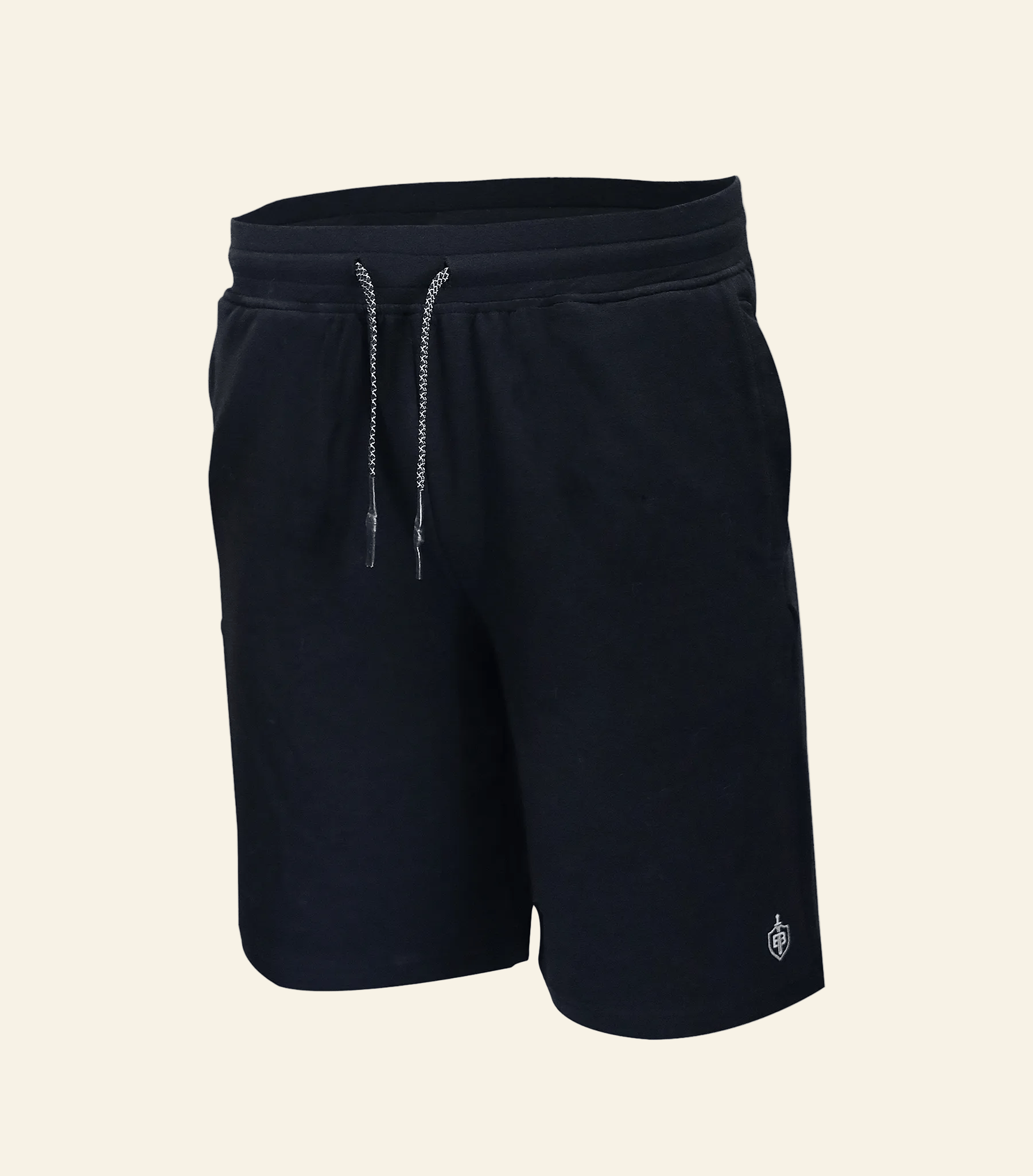 Black shorts with a drawstring on a white background
