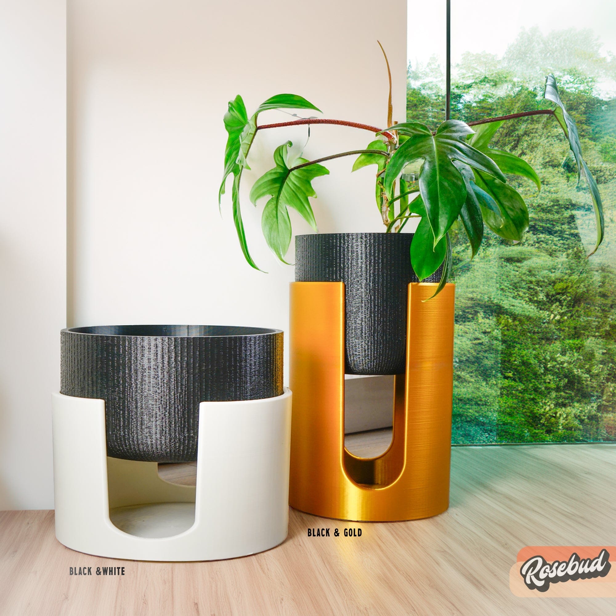 Rosebud HomeGoods Planter Black / TALL - 6.5"D X 13"H Modern Elevated Planter and Plant Stand Set - 2-Piece Plant Pot with Drainage in Multi Colors & Sizes, Mid-Century Modern Indoor Plant Stand