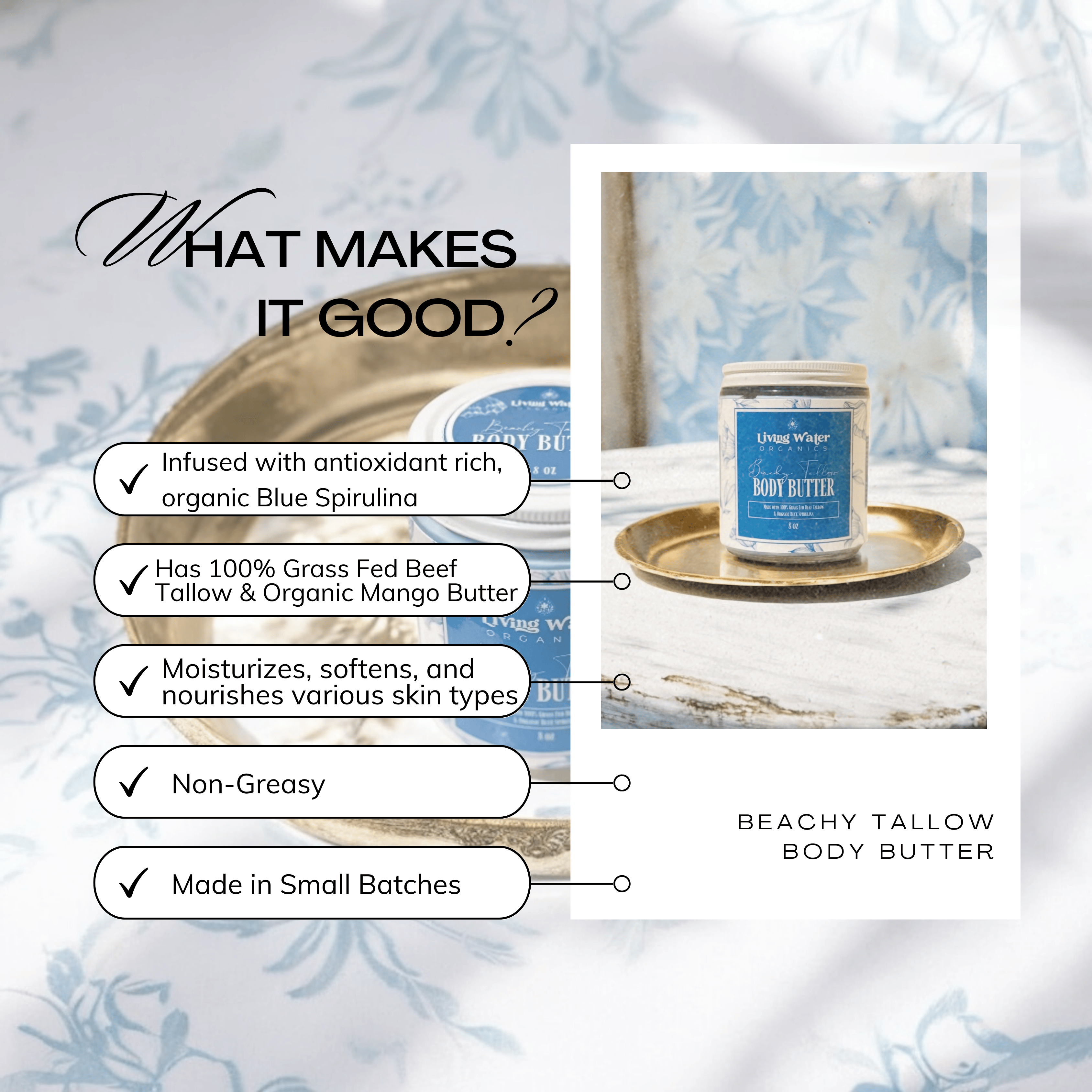 Beachy Tallow Body Butter with text highlighting its benefits on a textured background