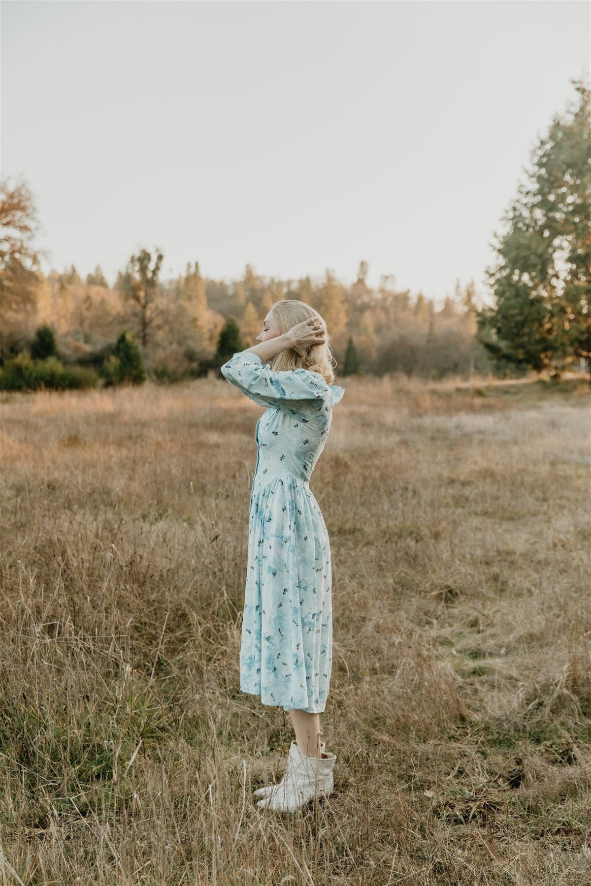 Field Day Dress Prairie Dress in Blue Cloud Rose Challis