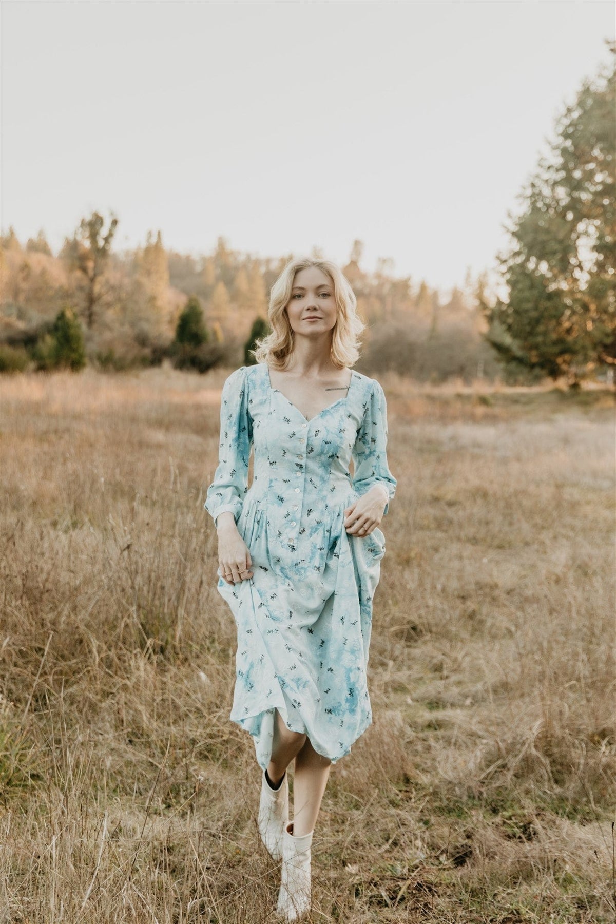 Field Day Dress Prairie Dress in Blue Cloud Rose Challis