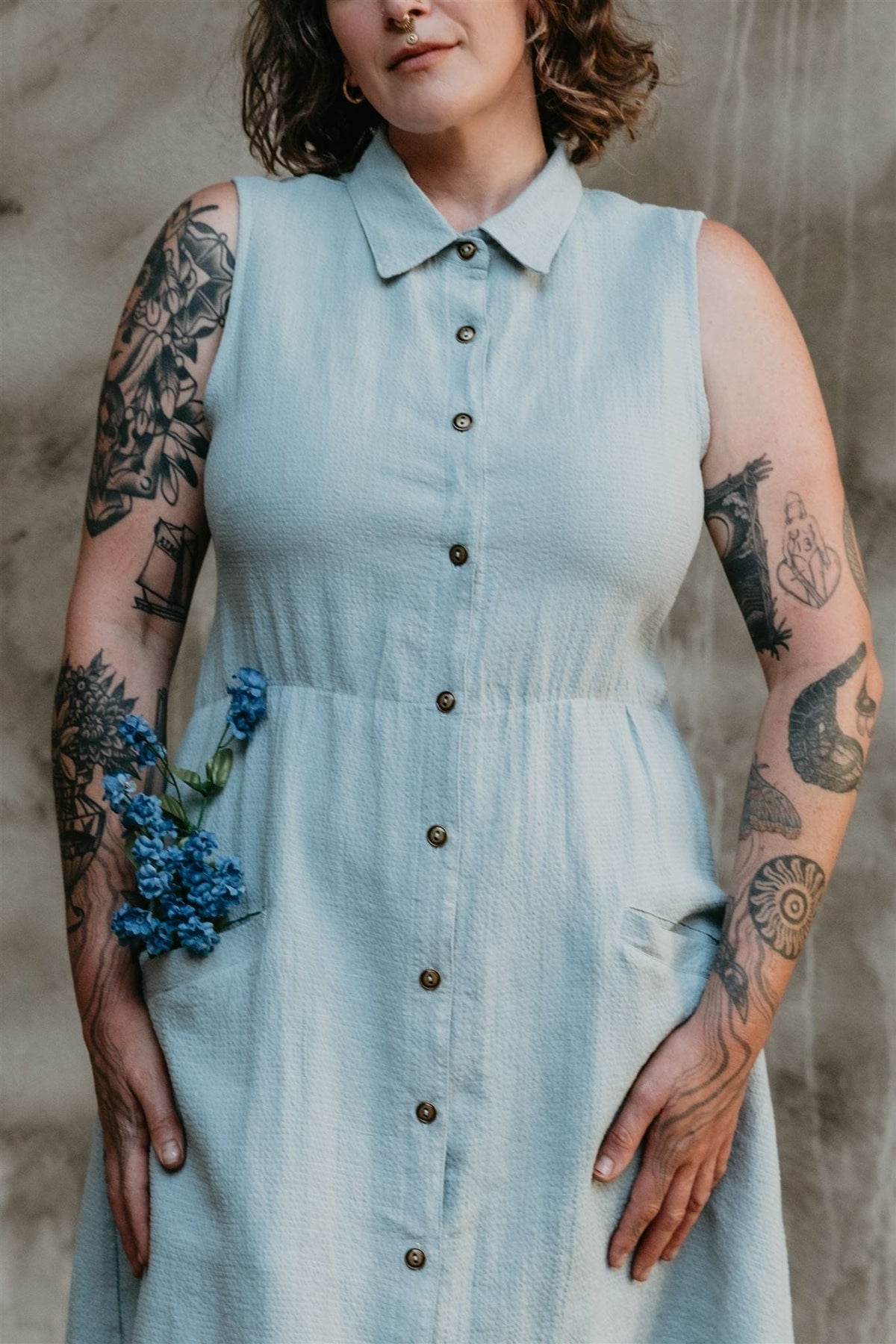 Field Day Dress Mona Dress in BB Blue Texture Cotton