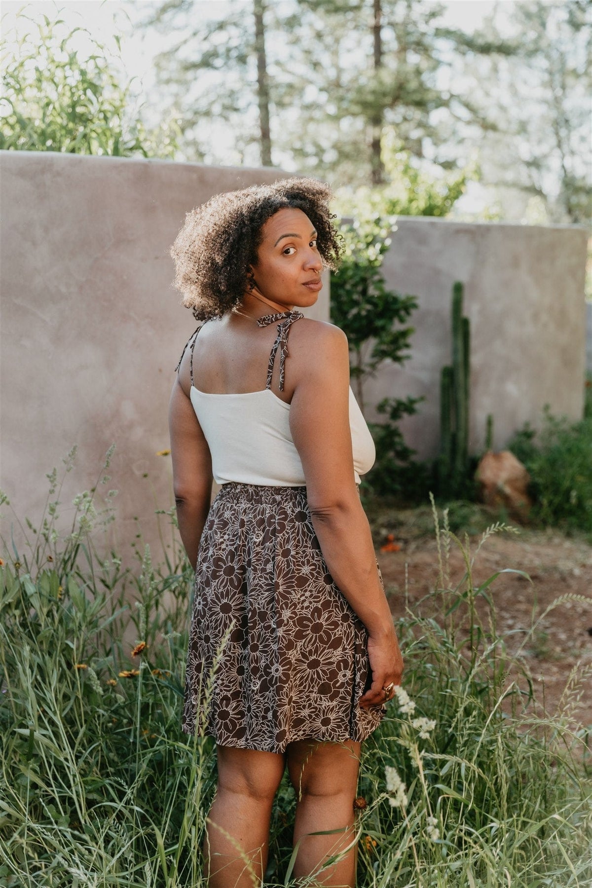Field Day Top Minnie Top in Oat Modal with Brown Floral Straps