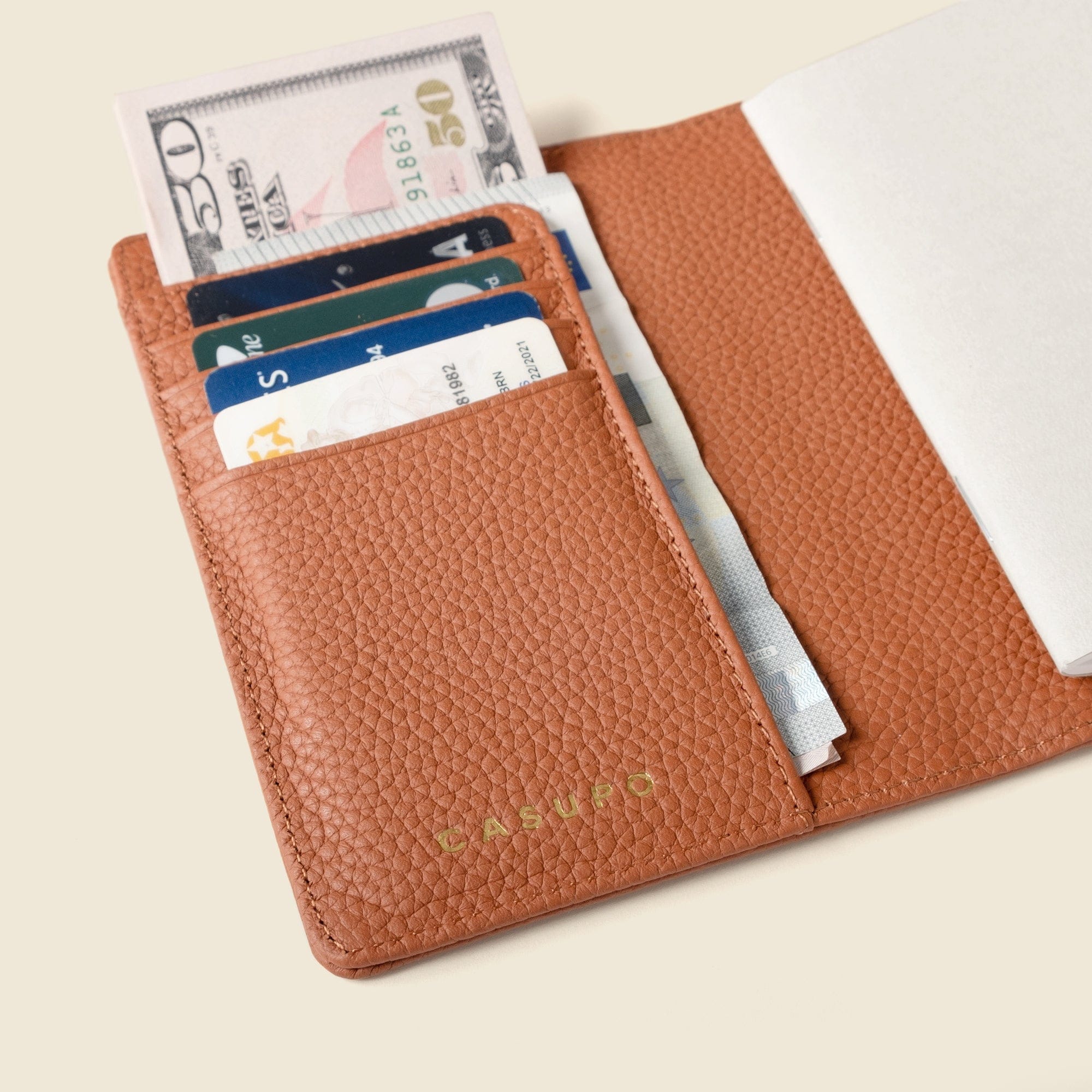 CASUPO Small Leather Goods Leather Passport Wallet with RFID - Tan