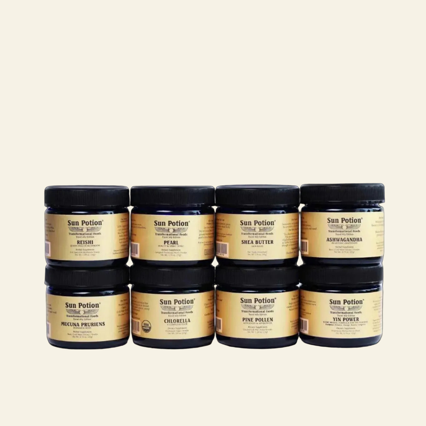 Set of six jars of San Pedrito honey on a white background