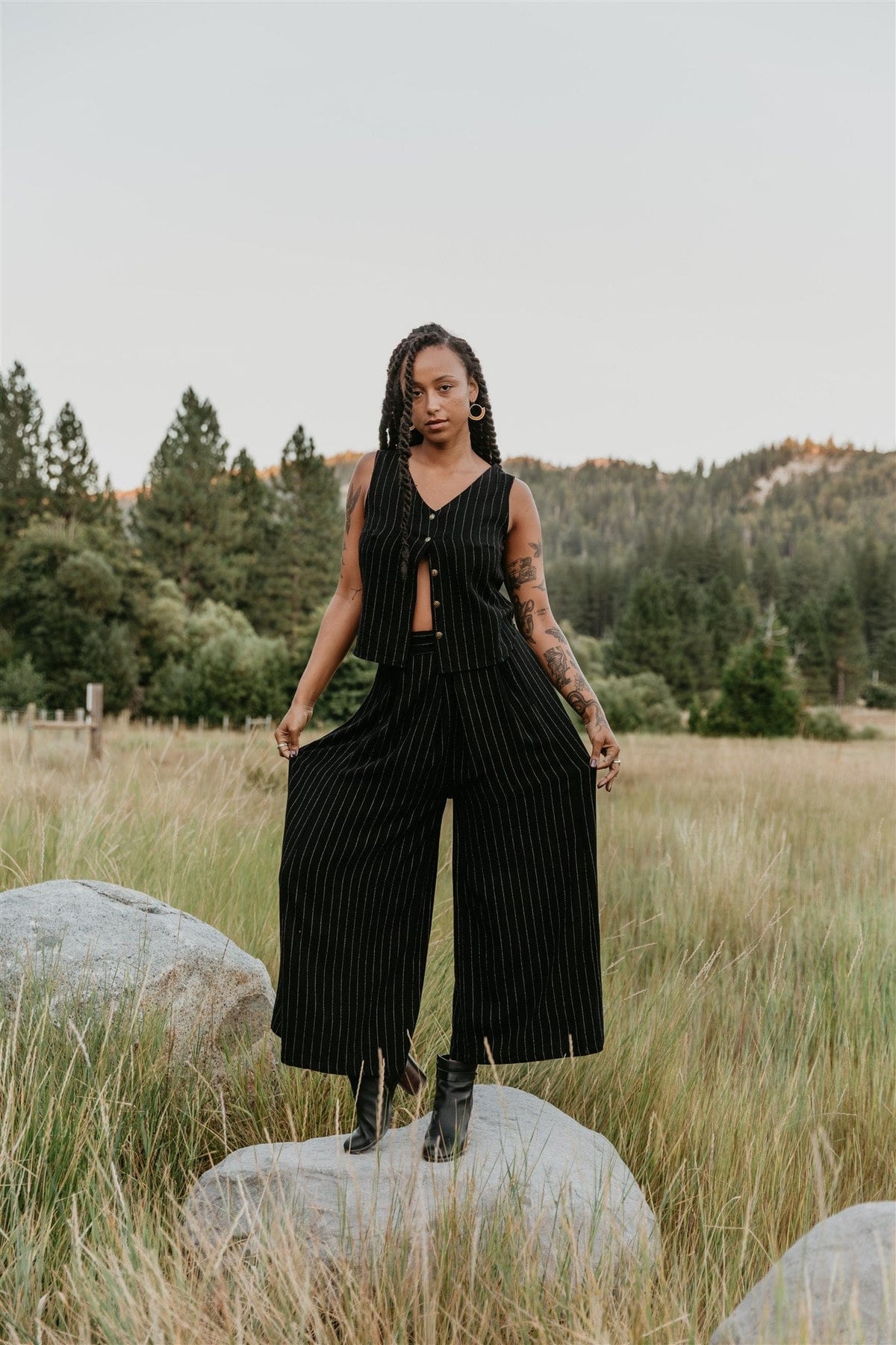 Field Day Pants Rue Pants in Black Linen PinStripe