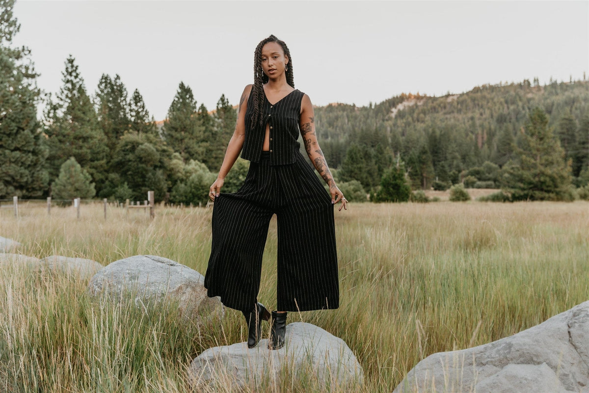 Field Day Pants Rue Pants in Black Linen PinStripe