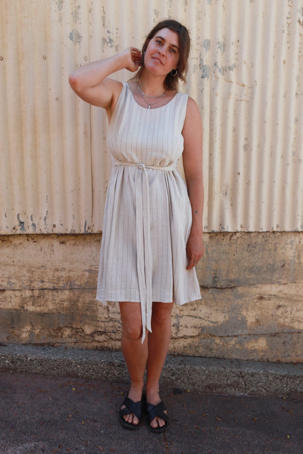 Field Day SS20 Hannah Dress in Oat Linen Stripe