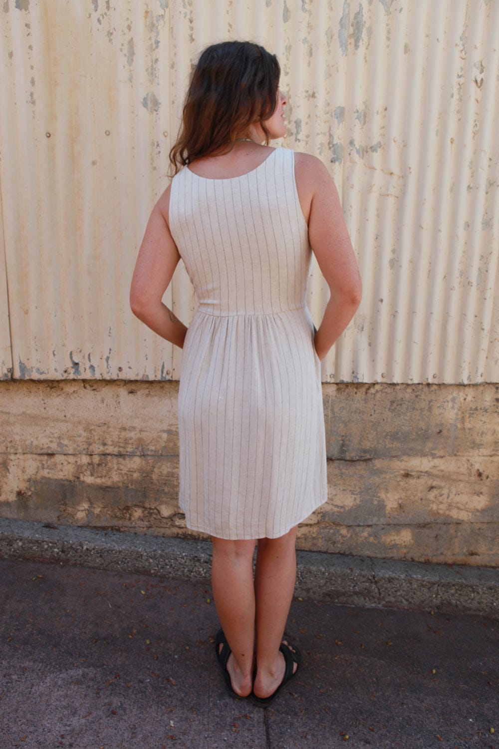 Field Day SS20 Hannah Dress in Oat Linen Stripe