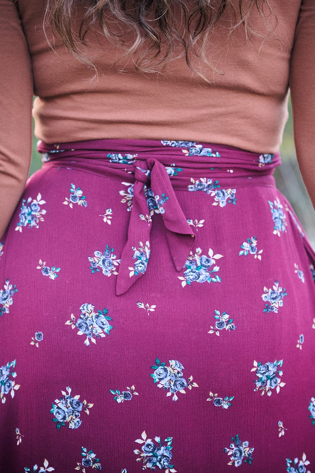 Field Day Skirts Maxi Wrap Skirt in Merlot Floral Crepe