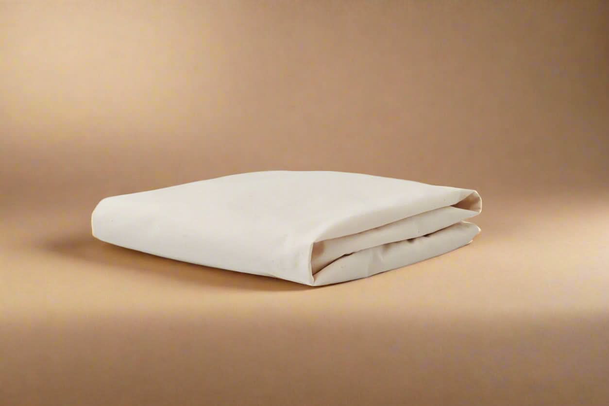 Folded beige blanket on a white background