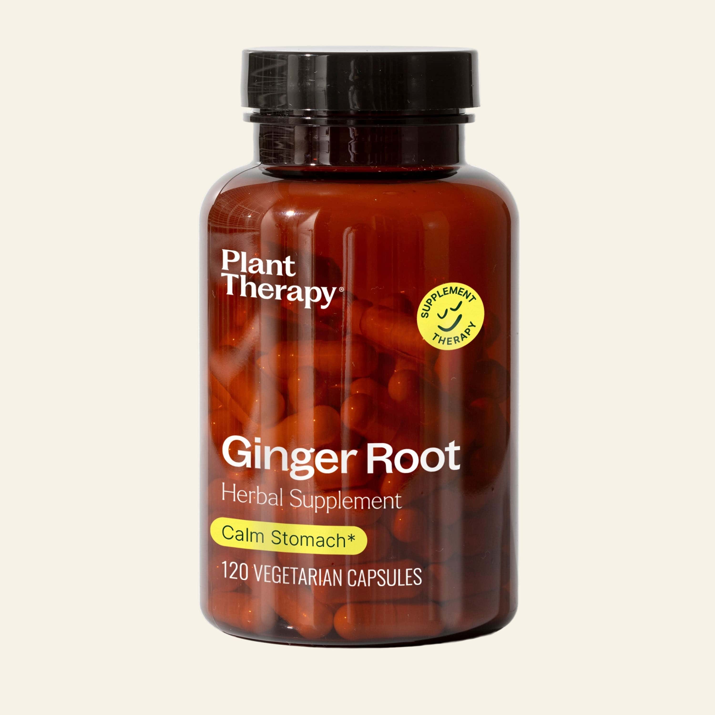 Bottle of Plant Therapy Ginger Root herbal supplement on a white background