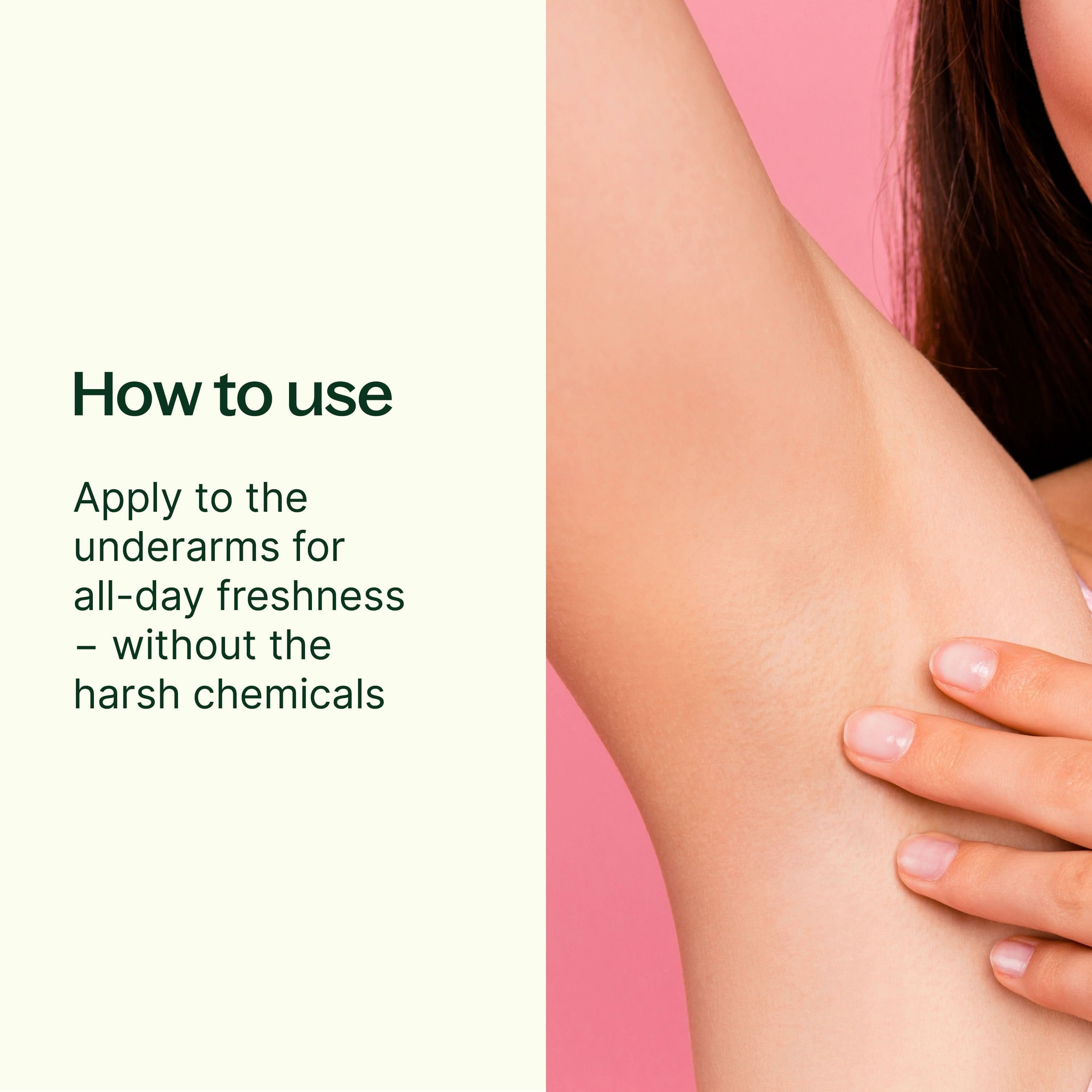 Product use instruction for underarms with a close-up of an arm and text on a light green background.
