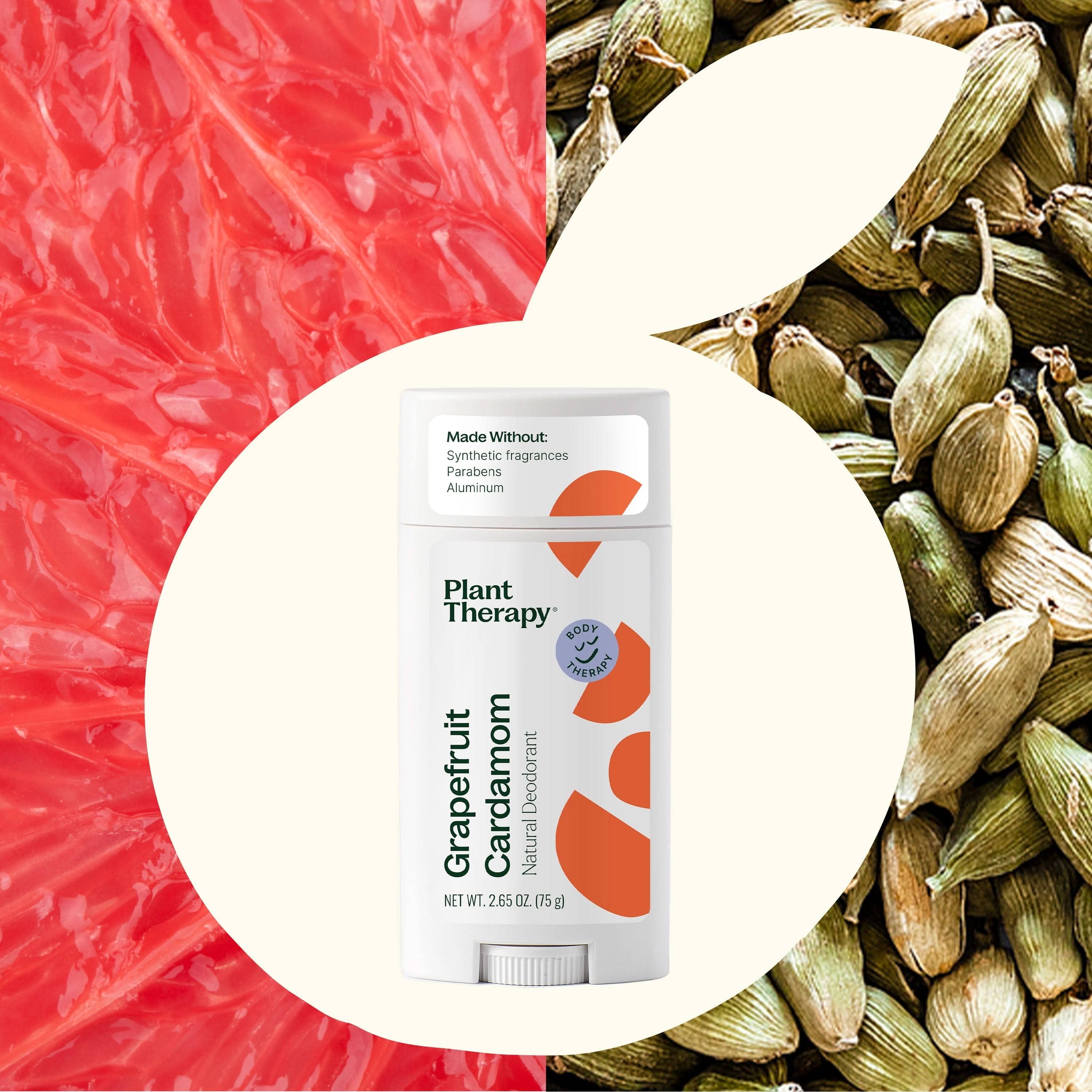 Grapefruit Cardamom natural deodorant with cardamom seeds on a red and white background