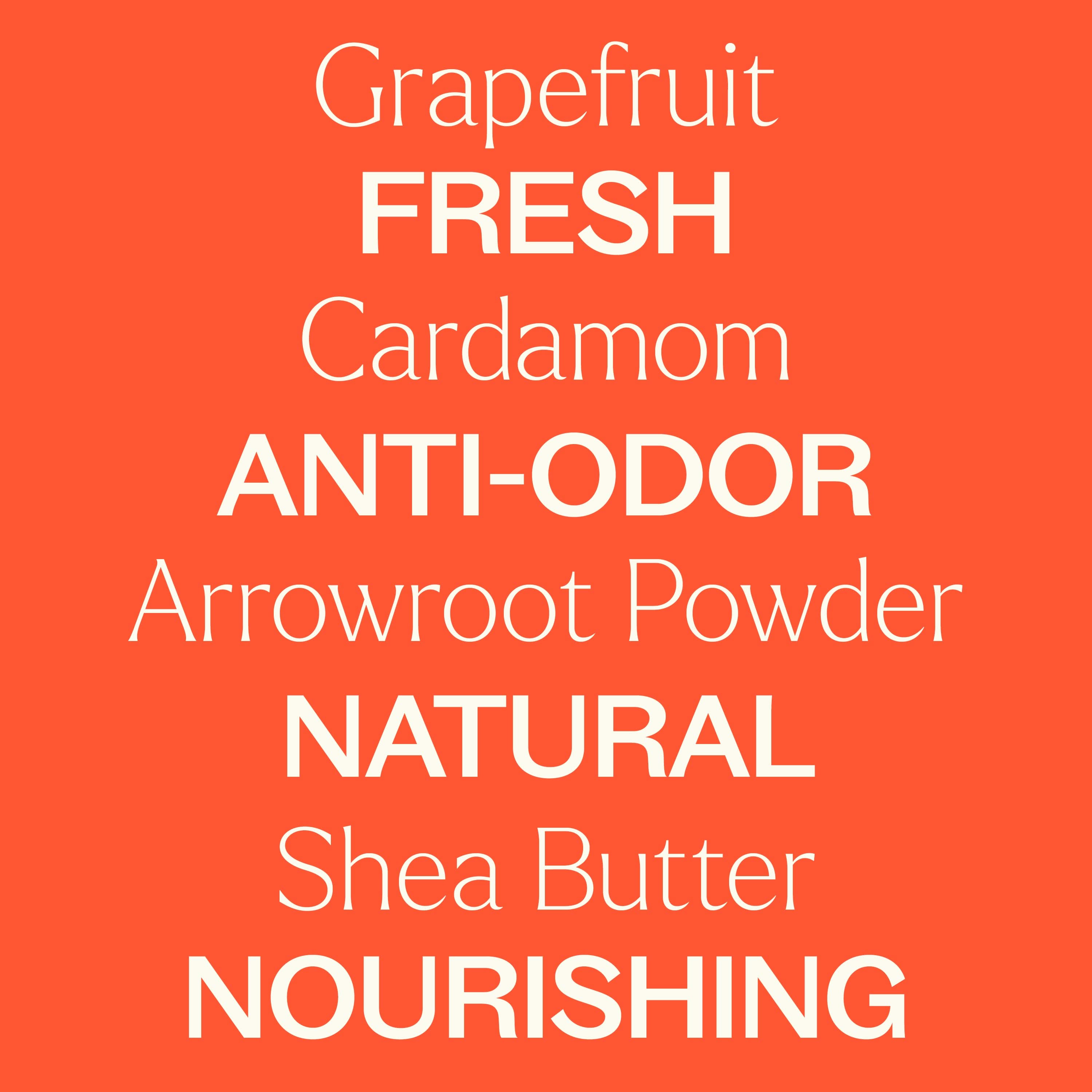 Text listing ingredients and properties on an orange background