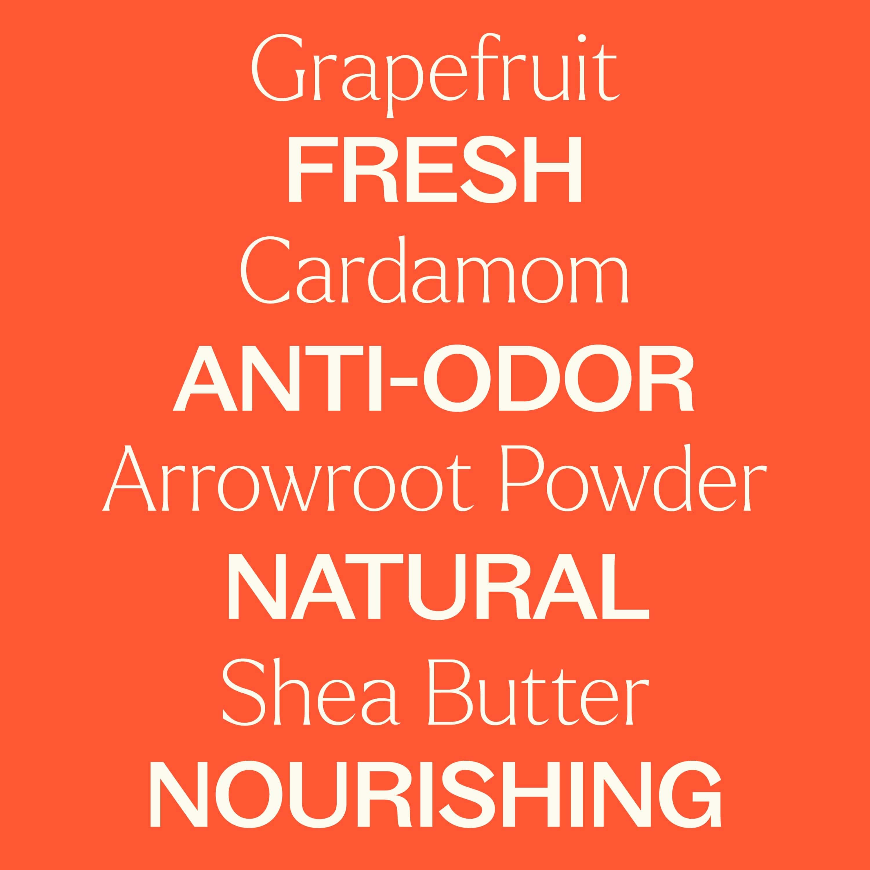 Text listing ingredients and properties on an orange background