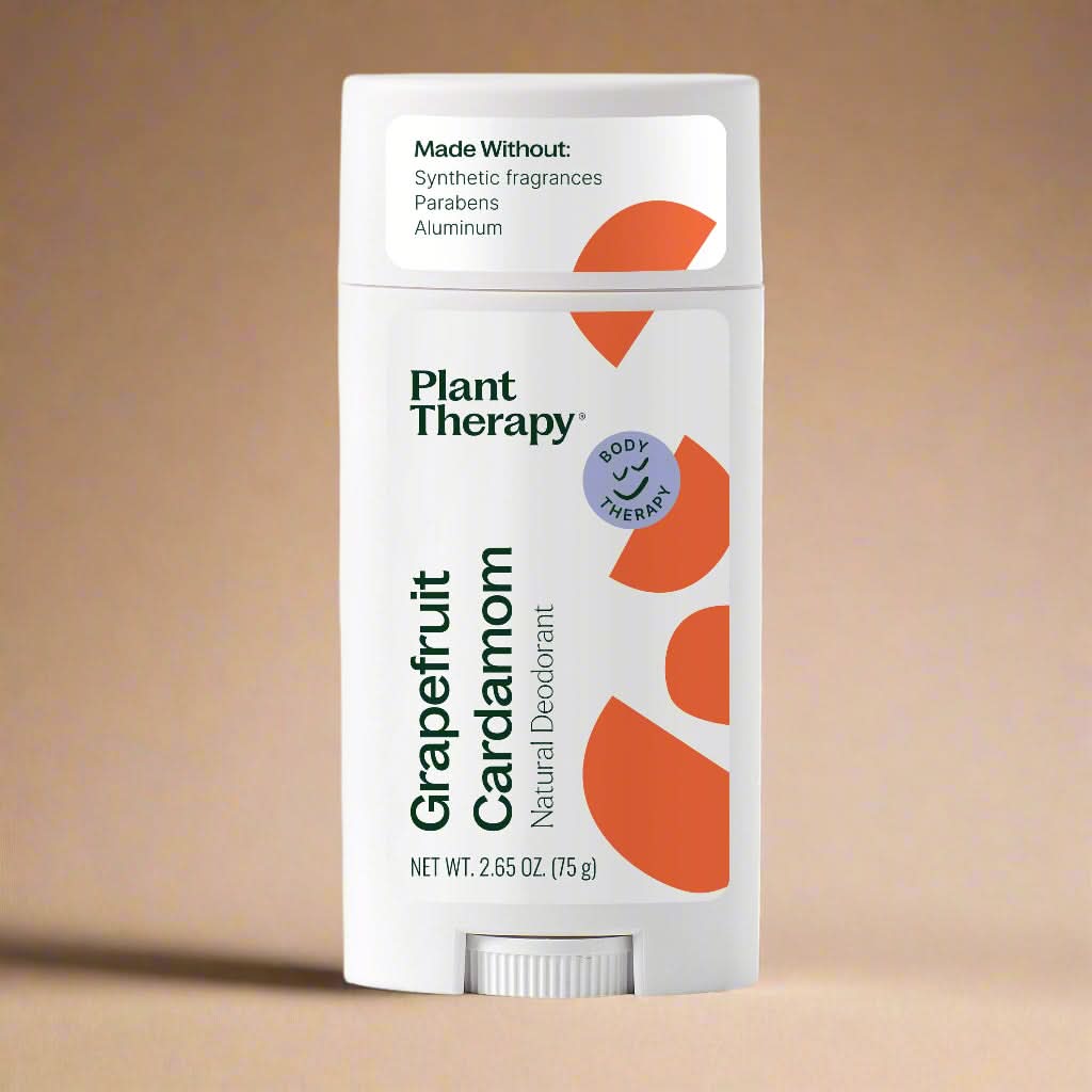 Plant Therapy Grapefruit Cardamom natural deodorant packaging on a white background