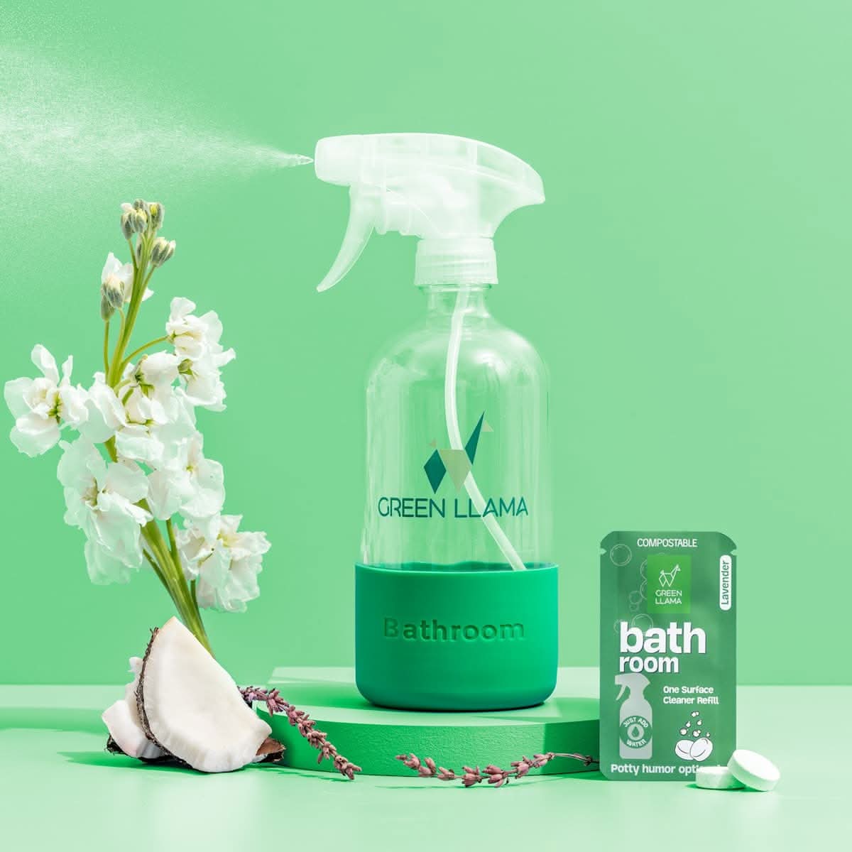 Green Llama Single Kit Bathroom Cleaner Bathroom Spray Glass Bottle Cleaning Kit with Lavender