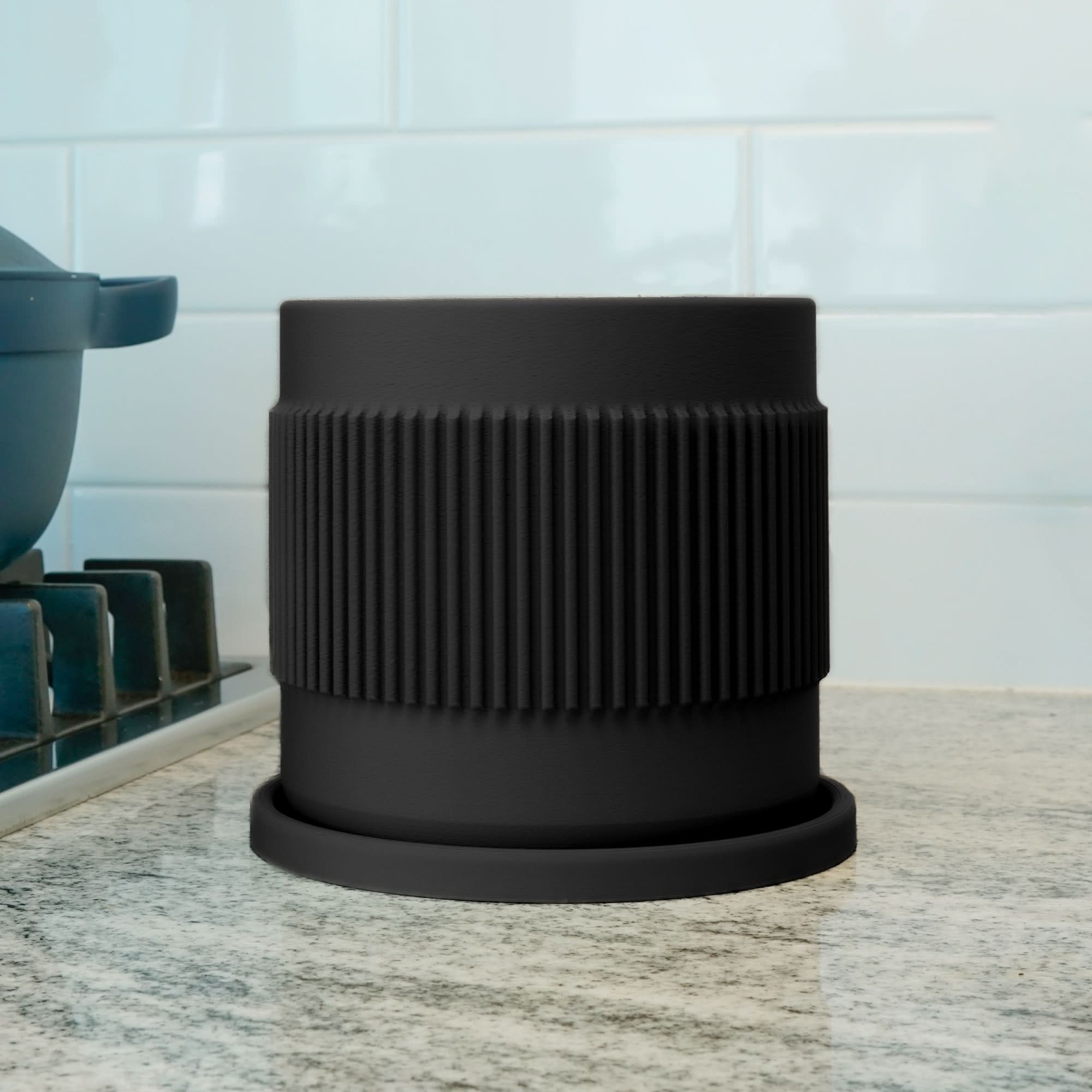Rosebud HomeGoods Black / 4 Inch - No Tray Half Mid-Century Ribbed Planter with Drainage and Saucer