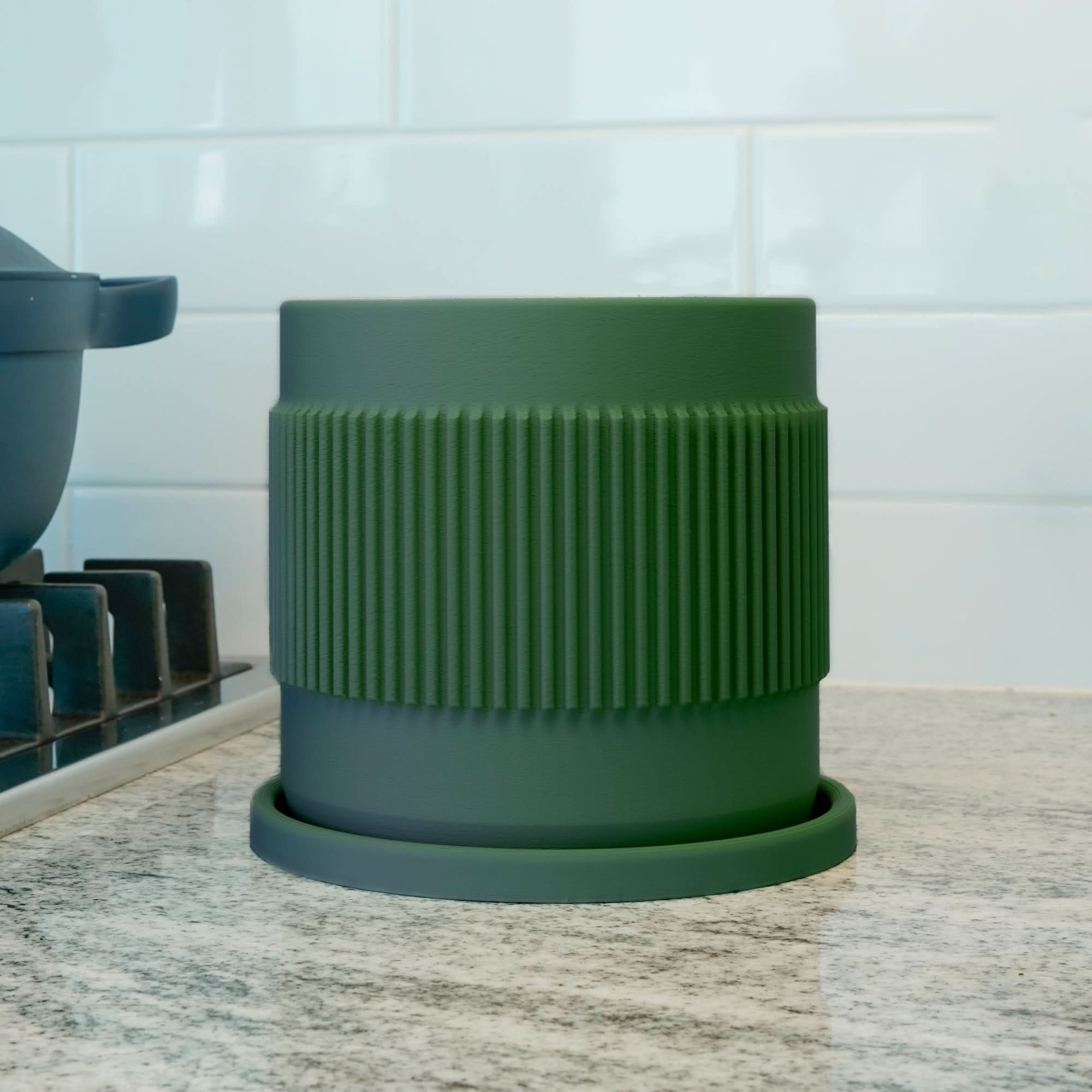 Half Mid-Century Ribbed Planter with Drainage and Saucer - My American Goods