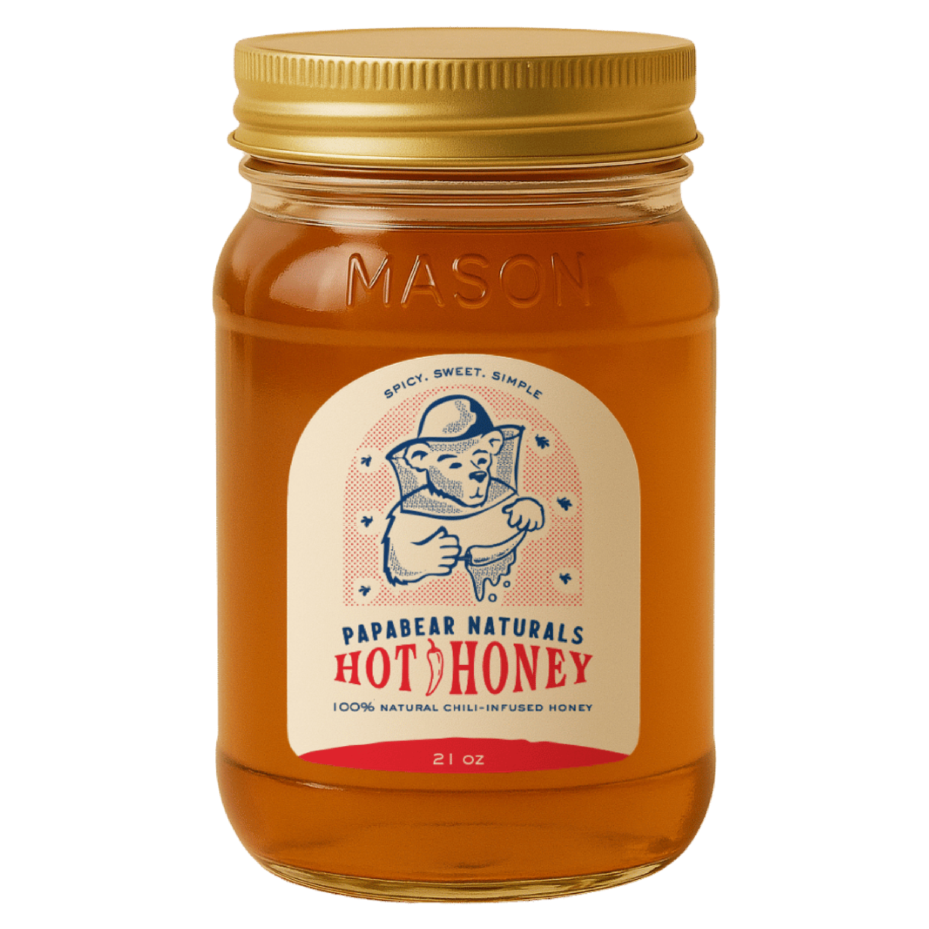 Jar of Papabear Naturals Hot Honey with a gold lid on a white background