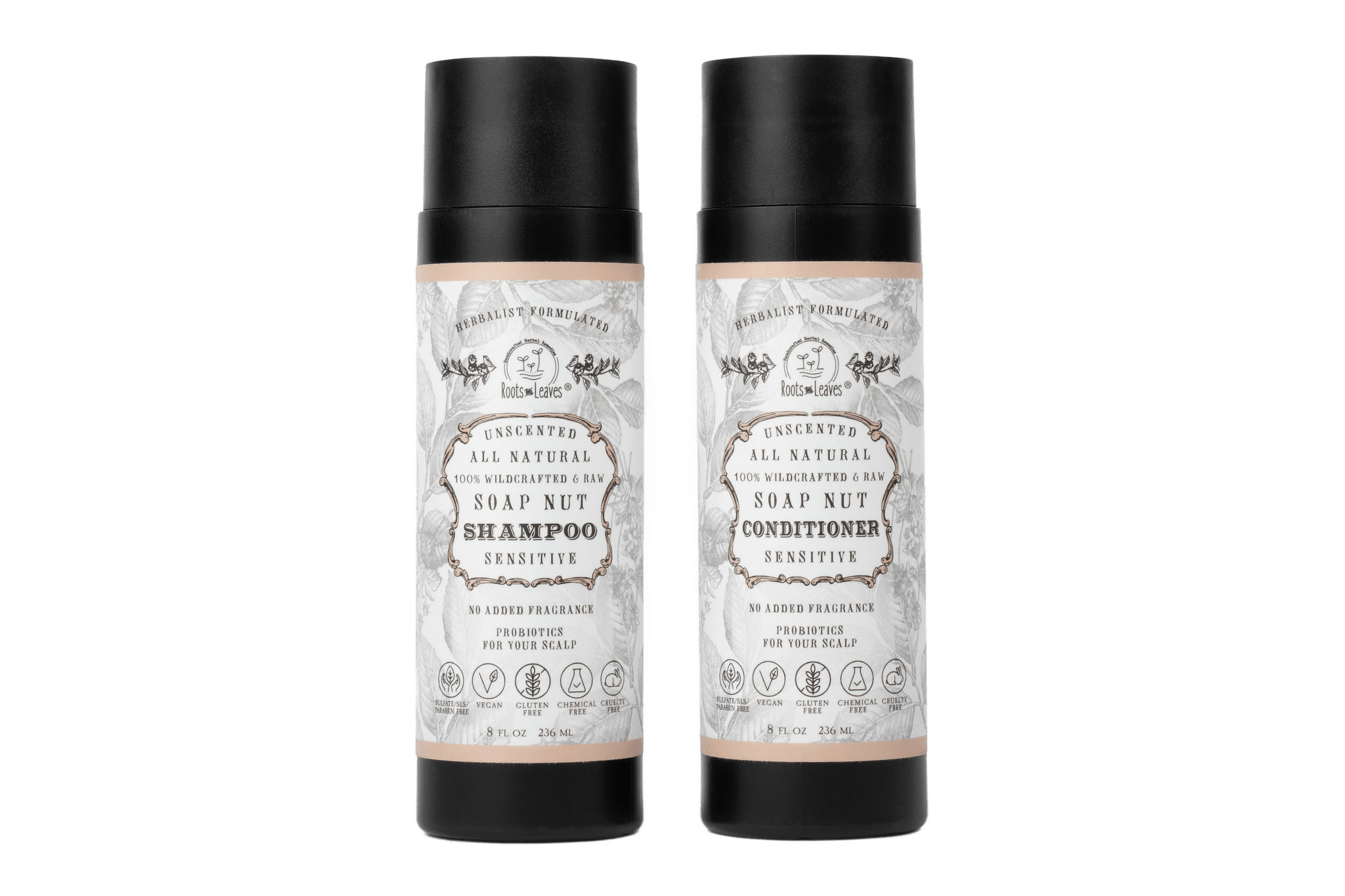 Two bottles of soap nut shampoo and conditioner on a white background