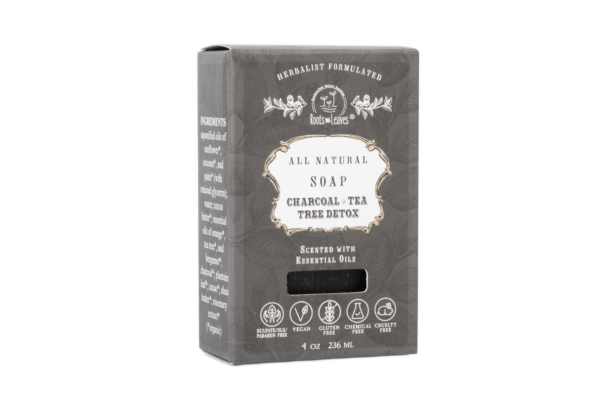 Roots and Leaves, LLC Organic Vegan Charcoal + Tea Tree Detox Bar Soap