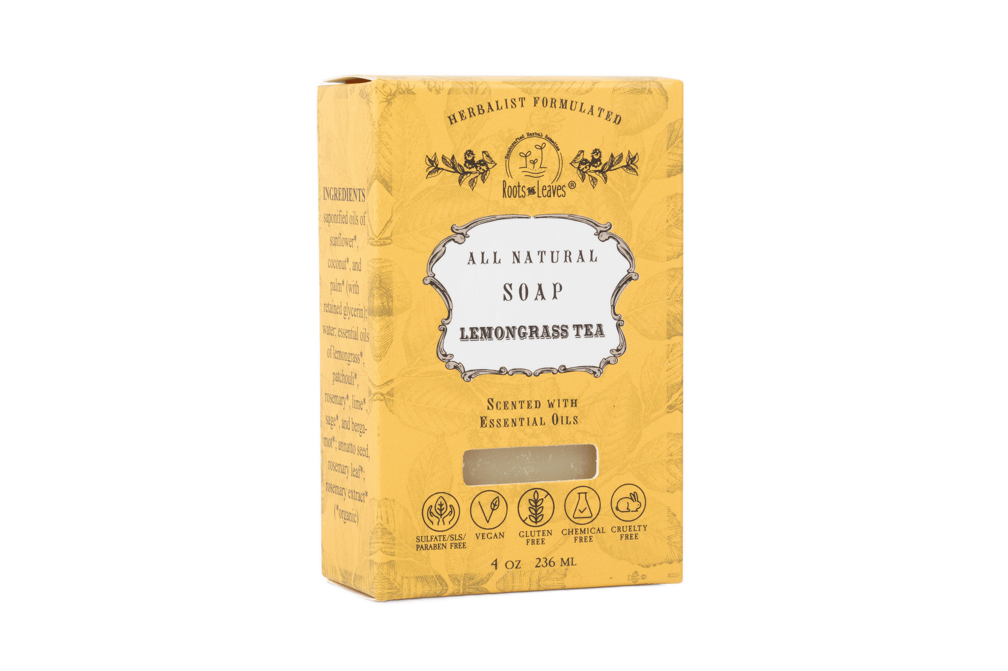 Yellow box of all natural soap labeled &