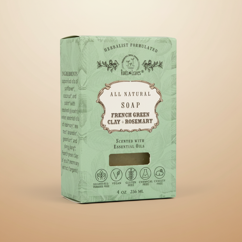 Box of all-natural soap with green packaging on a beige background