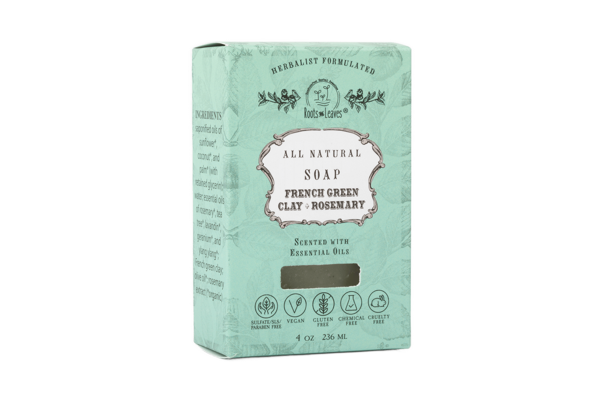 Box of all-natural soap with green packaging on a beige background